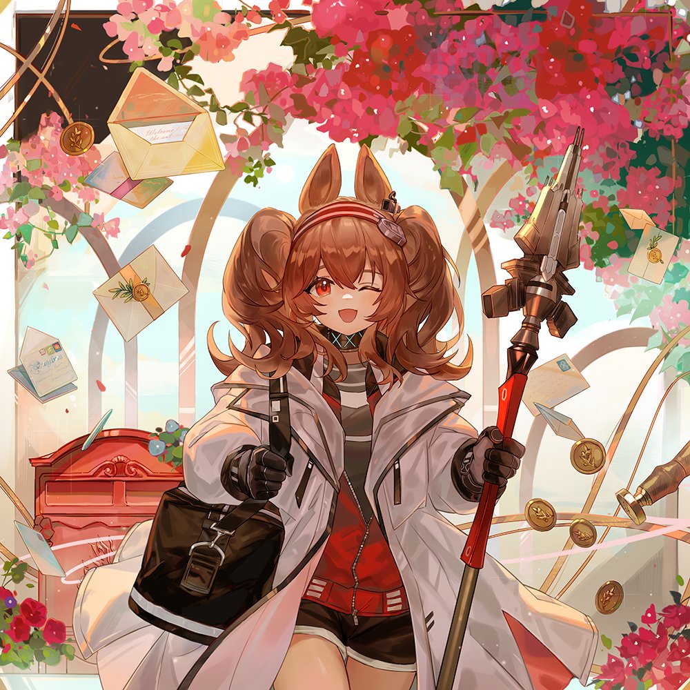1girl, angelina_(arknights), animal_ears, arch, arknights, black_gloves, black_shorts, border