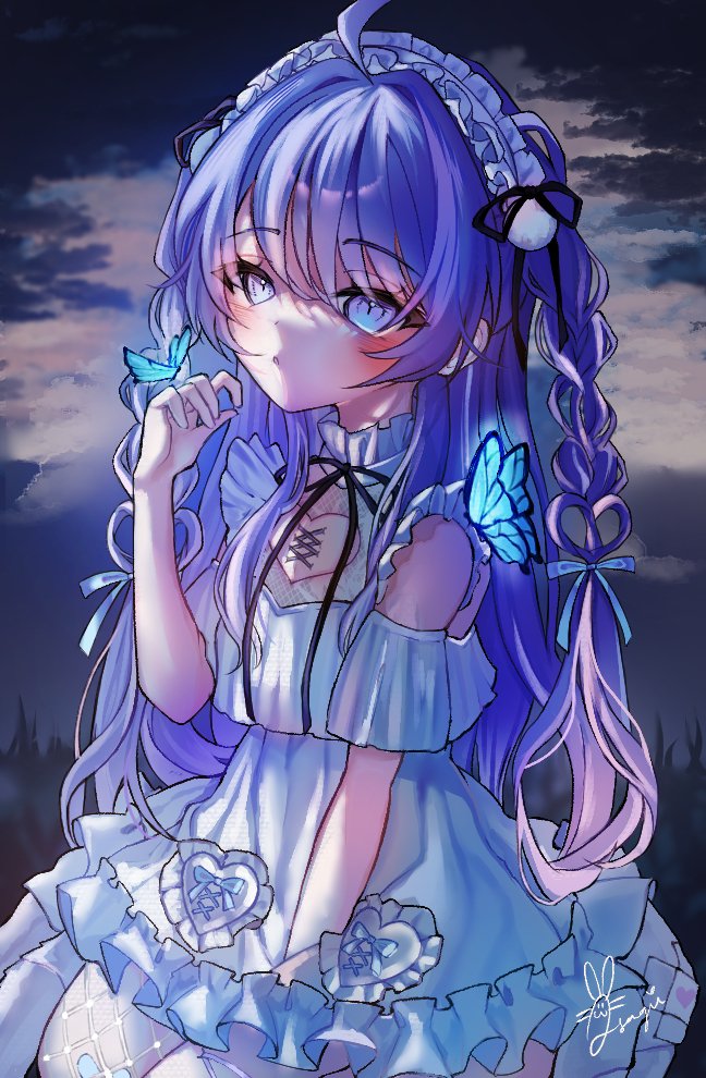1girl, amiya_aranha, arthropod_girl, arthropod_limbs, bangs, blue_butterfly, braid, bug