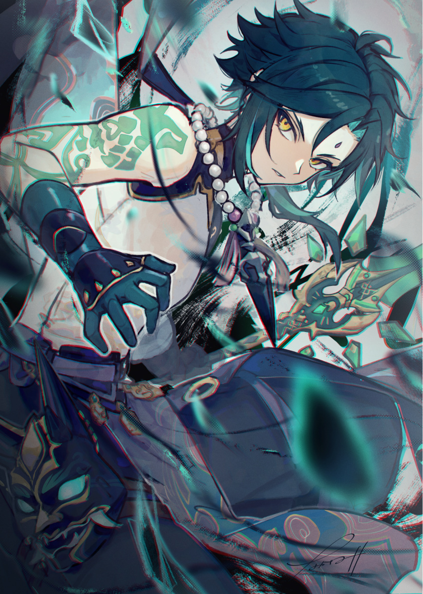 1boy, arm_tattoo, armor, baggy_pants, bangs, bead_necklace, beads, black_pants