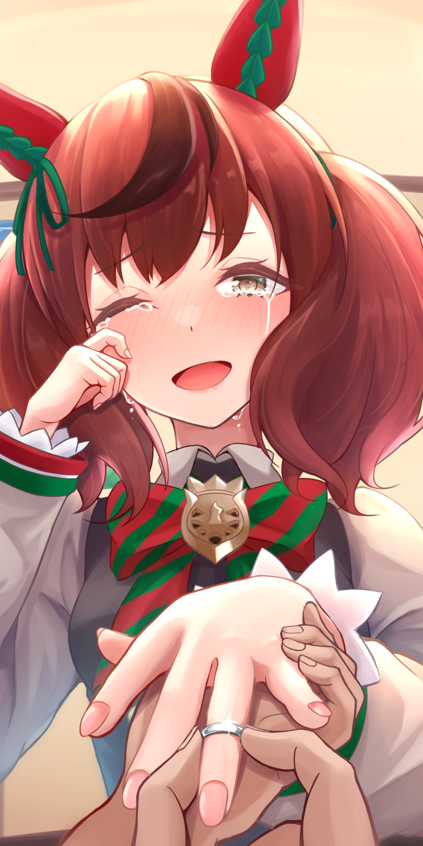 1girl, absurdres, animal_ears, bow, bowtie, brown_eyes, brown_hair, crying, crying_with_eyes_open, hand_grab, happy_tears, highres, horse_ears, horse_girl, jewelry, muromachi_atsushi, nice_nature_(umamusume), one_eye_closed, pov, pov_hands, proposal, ring, tears, twintails, umamusume, wedding_band, wiping_tears