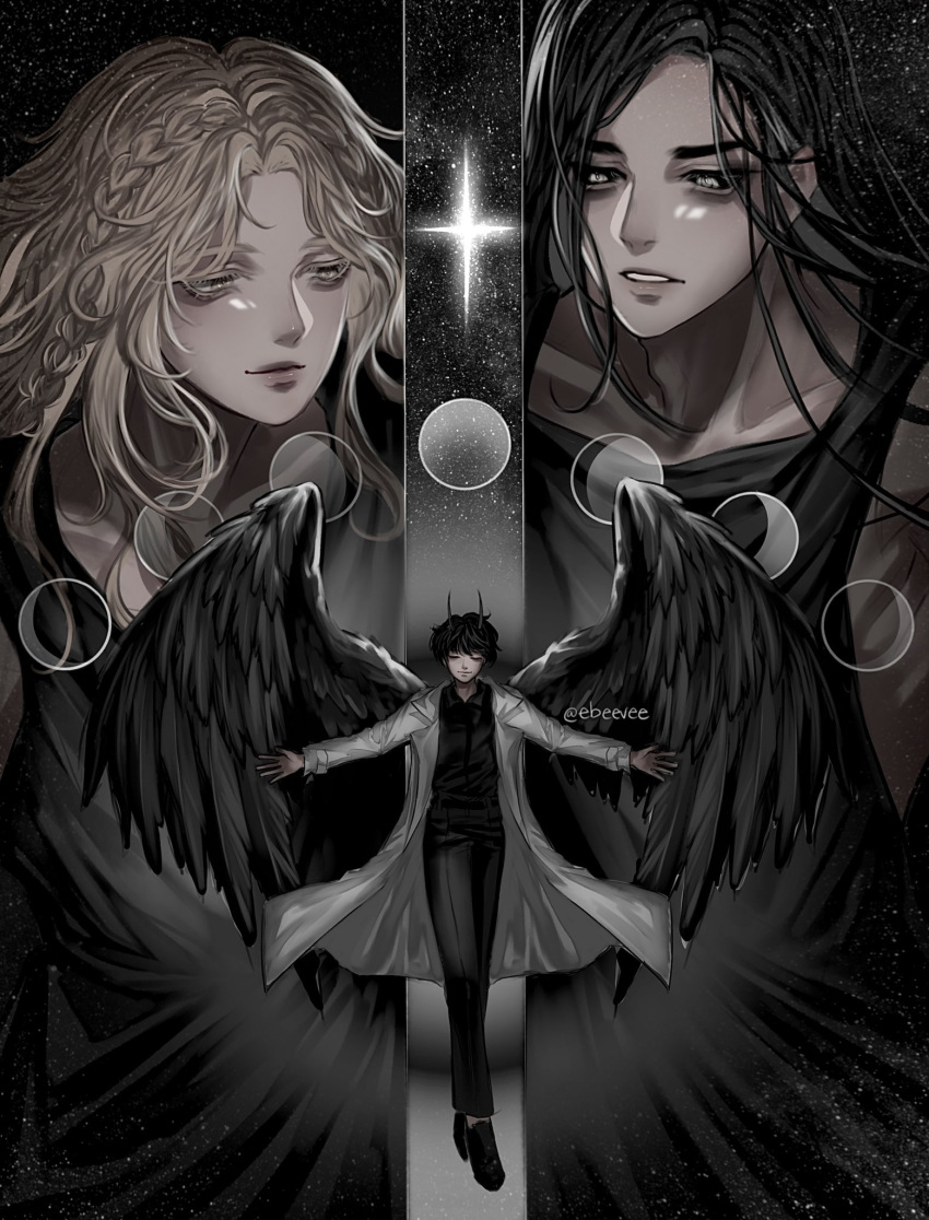 1girl, 2boys, artist_name, black_hair, black_sclera, black_shirt, black_wings, blonde_hair