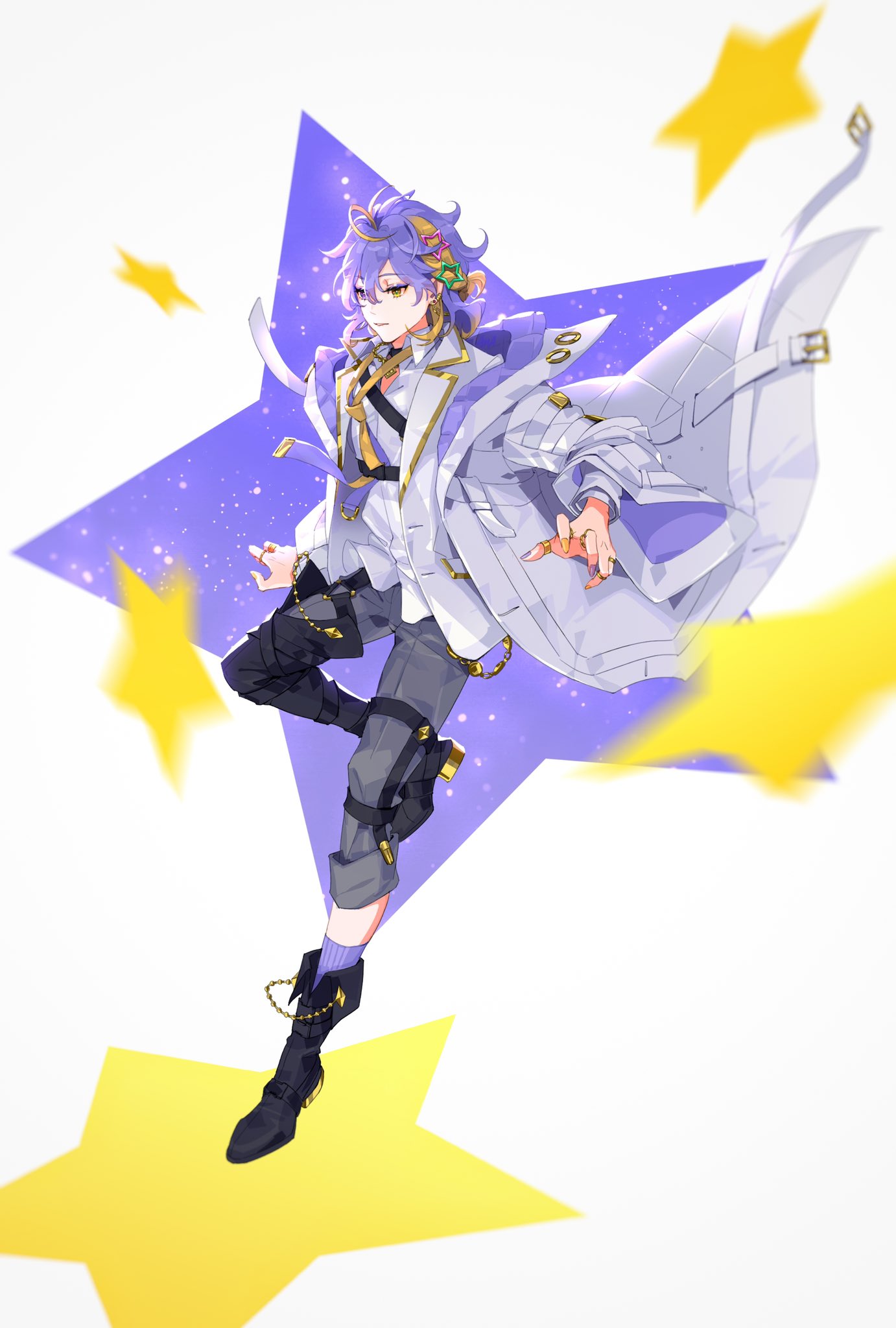 1boy, aha_(hu4ky), antenna_hair, aster_arcadia, asymmetrical_footwear, bangs, belt, black_belt, black_choker, black_footwear, blonde_hair, boots, braid, chain, chain_earrings, chain_necklace, chest_belt, choker, coat, collared_shirt, commentary, ear_piercing, earrings, expressionless, eyelashes, eyeshadow, fingernails, full_body, gold_chain, gold_earrings, gold_necklace, gold_trim, grey_pants, hair_between_eyes, hair_ornament, heterochromia, highres, jacket, jewelry, lapels, long_sleeves, looking_away, makeup, male_focus, medium_hair, multicolored_hair, multicolored_nails, multiple_rings, nail_polish, necklace, necktie, nijisanji, nijisanji_en, open_clothes, open_coat, open_jacket, pants, parted_lips, piercing, purple_eyeshadow, purple_hair, purple_nails, purple_necktie, purple_socks, ring, shirt, short_sidetail, sidelocks, socks, solo, star_(symbol), star_hair_ornament, thigh_boots, two-tone_hair, violet_eyes, virtual_youtuber, white_background, white_coat, white_jacket, white_shirt, yellow_eyes, yellow_eyeshadow, yellow_nails, yellow_necktie