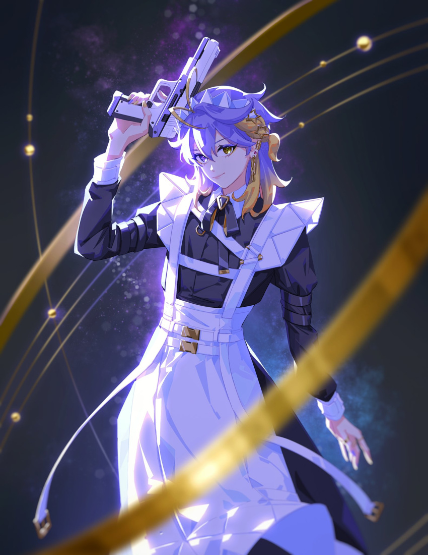 1boy, aha_(hu4ky), alternate_costume, androgynous, antenna_hair, apron, aster_arcadia, bangs