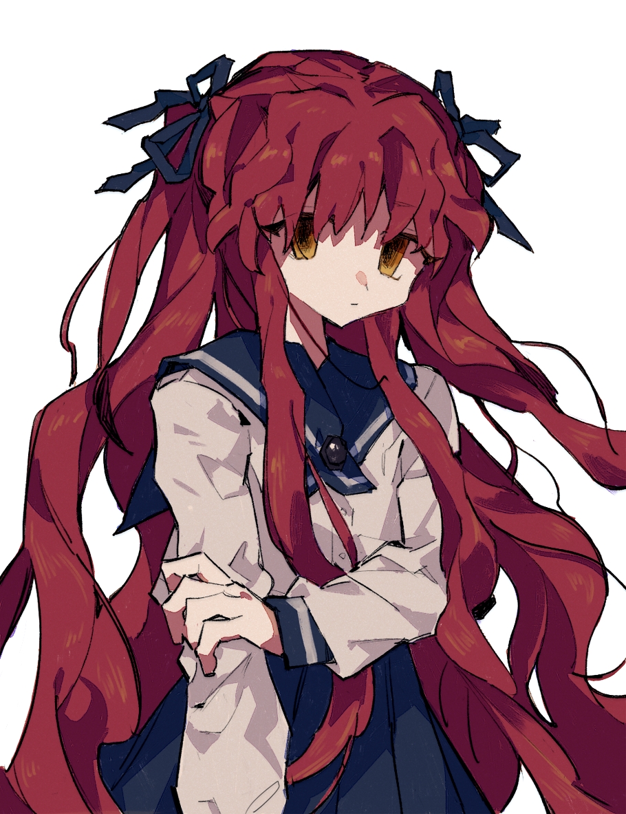 1girl, blue_ribbon, blue_sailor_collar, blue_skirt, closed_mouth, commentary_request, hair_ribbon, holding_own_arm