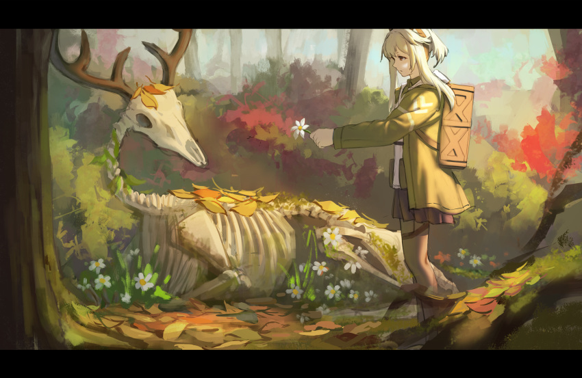 1girl, absurdres, animal_skeleton, arknights, autumn_leaves, backpack, bag, black_skirt