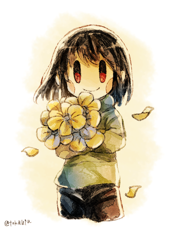 1other, bangs, blush_stickers, bouquet, brown_hair, brown_pants, chara_(undertale), checkpoint