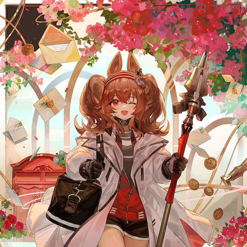 1girl, angelina_(arknights), animal_ears, arch, arknights, black_gloves, black_shorts, border