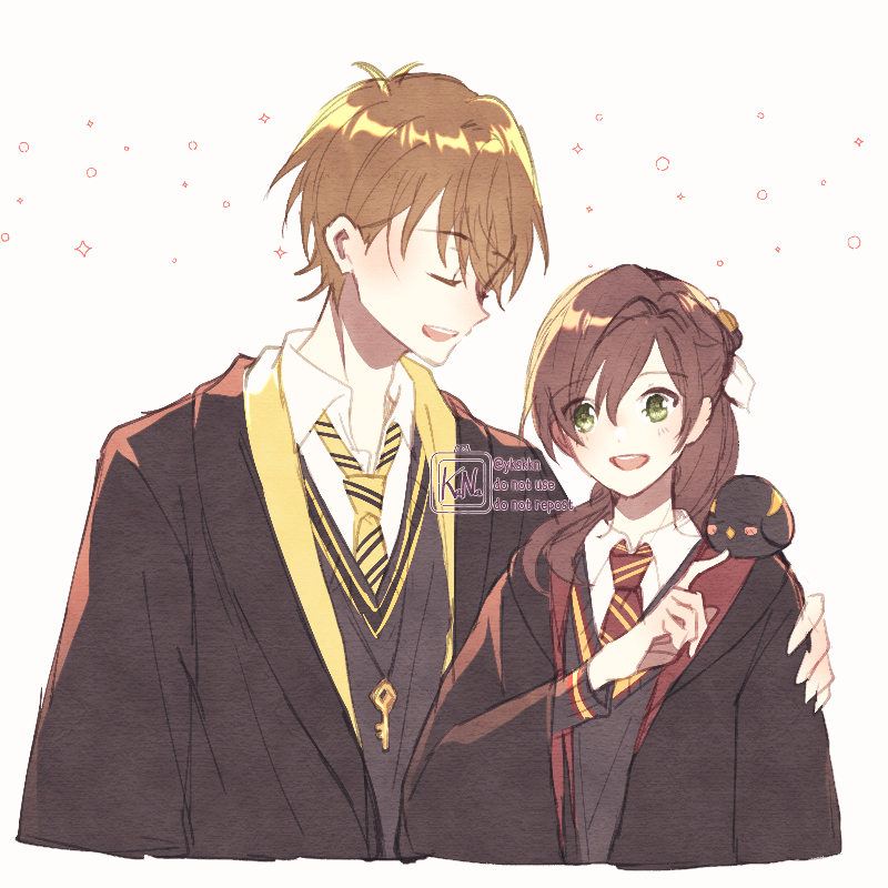 1boy, 1girl, :d, bangs, bird, black_robe, brown_hair, closed_eyes