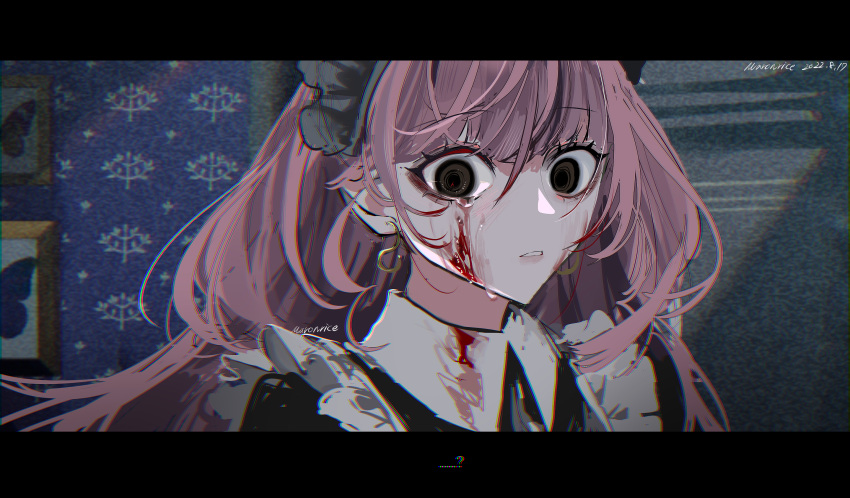 1girl, artist_name, bangs, black_eyes, black_headwear, blood, blood_in_hair, blood_on_clothes