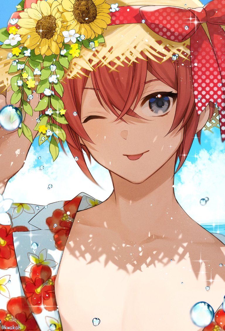 1boy, :p, abs, bow, collarbone, flower, flower_clothes, grey_eyes