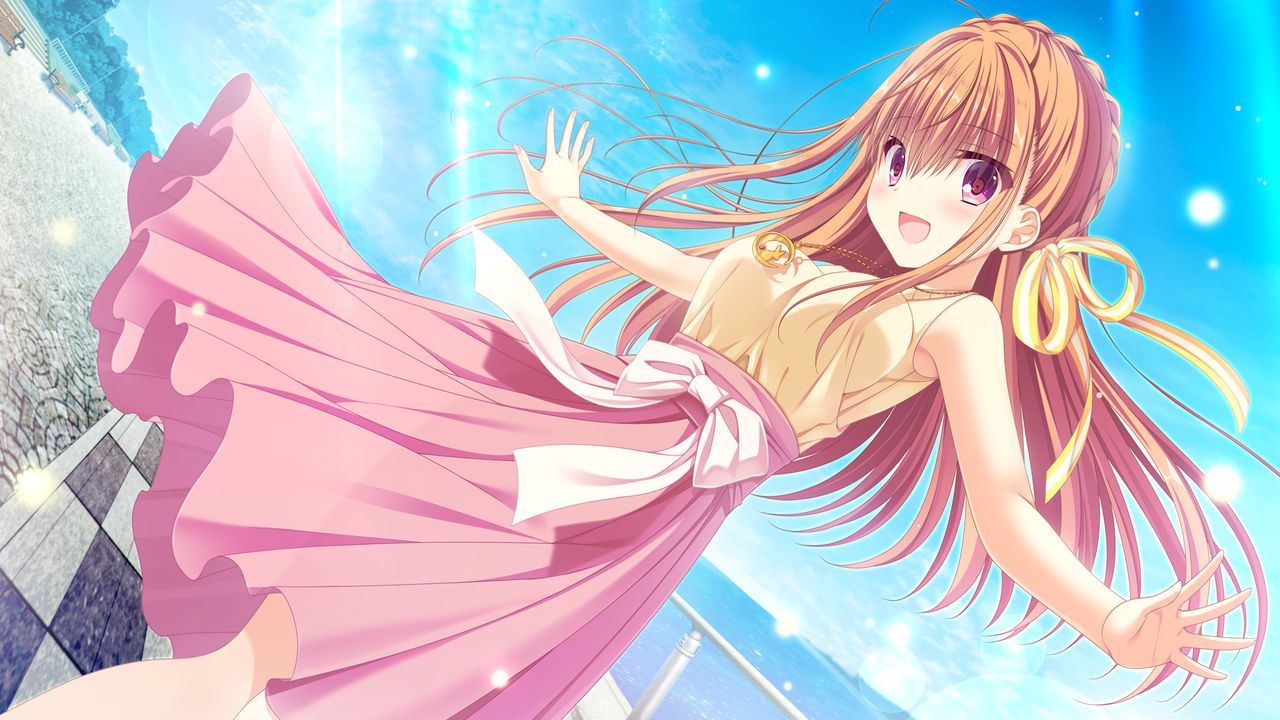 1girl, :d, bangs, bare_arms, blue_sky, blush, braid, brown_hair