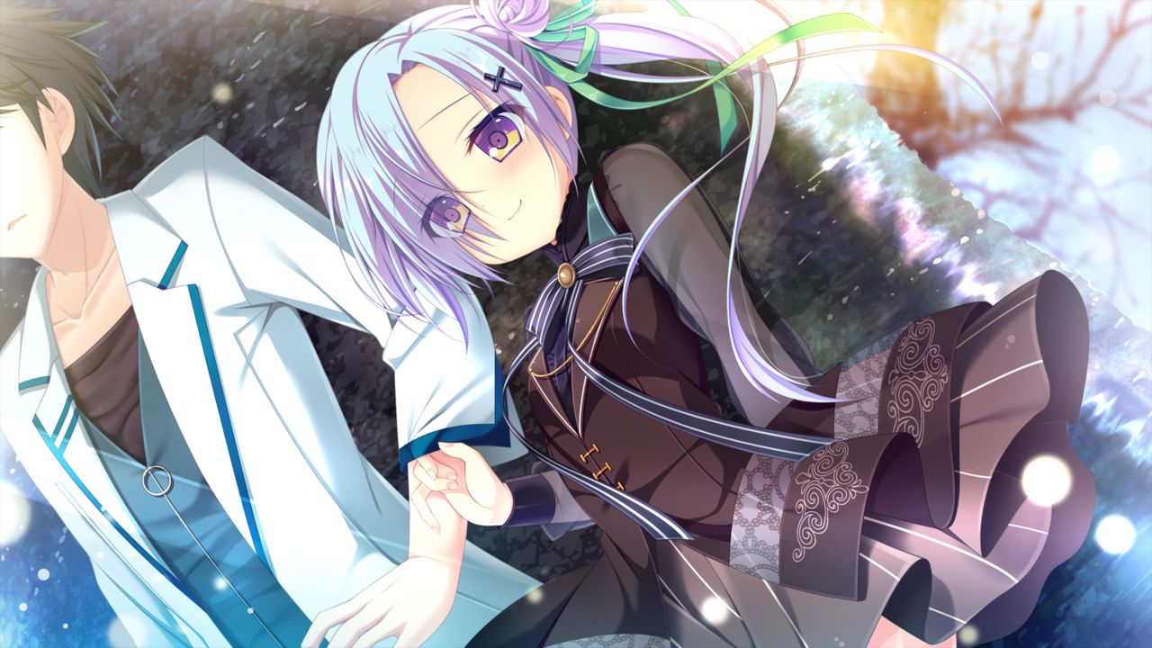 1boy, 1girl, against_tree, black_hair, black_vest, blue_hair, blush, closed_mouth