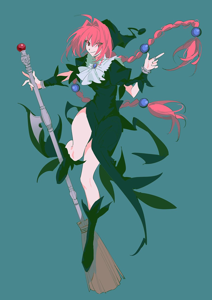 1girl, black_dress, black_footwear, black_headwear, blue_gemstone, bracelet, broom, closed_mouth