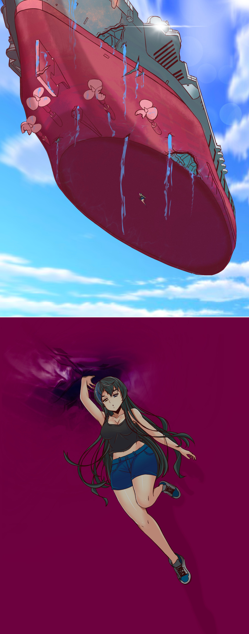 absurdres, black_hair, boat, commission, commissioner_upload, flying, highres, kenzaki_ameri, lady_justice_(series), long_hair, multicolored_hair, non-web_source, shoes, shorts, streaked_hair, strong, superhero, tank_top, watercraft