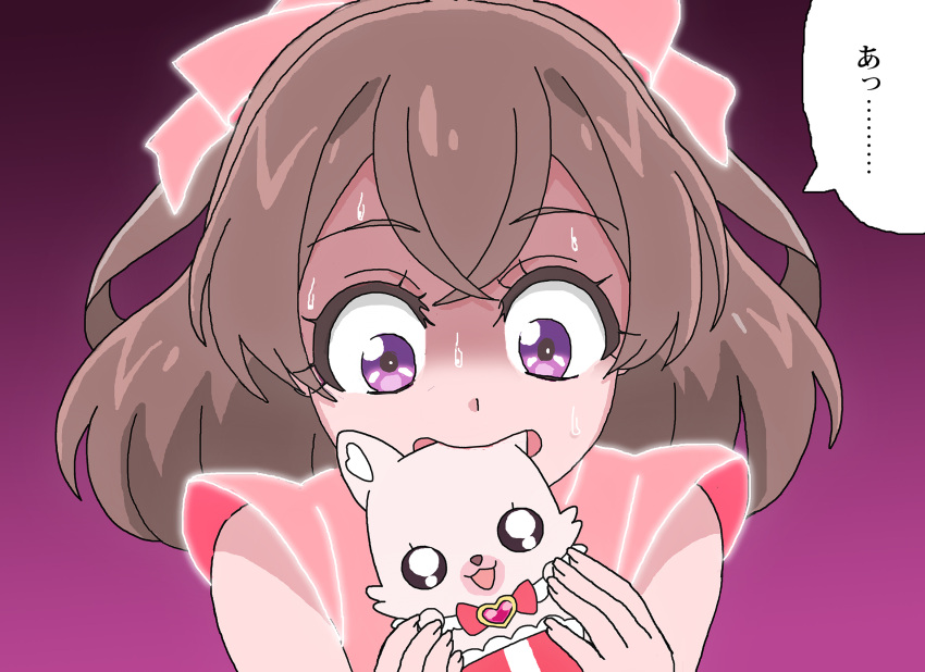 1girl, biting, brown_hair, commentary_request, delicious_party_precure, highres, kome-kome_(precure), magical_girl