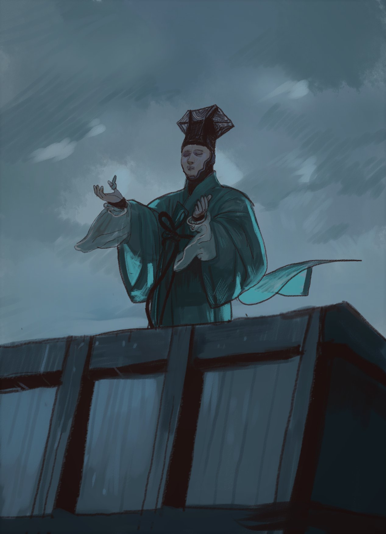 1boy, chinese_clothes, closed_eyes, clouds, cloudy_sky, dune_(2021_movie), dune_(series), highres