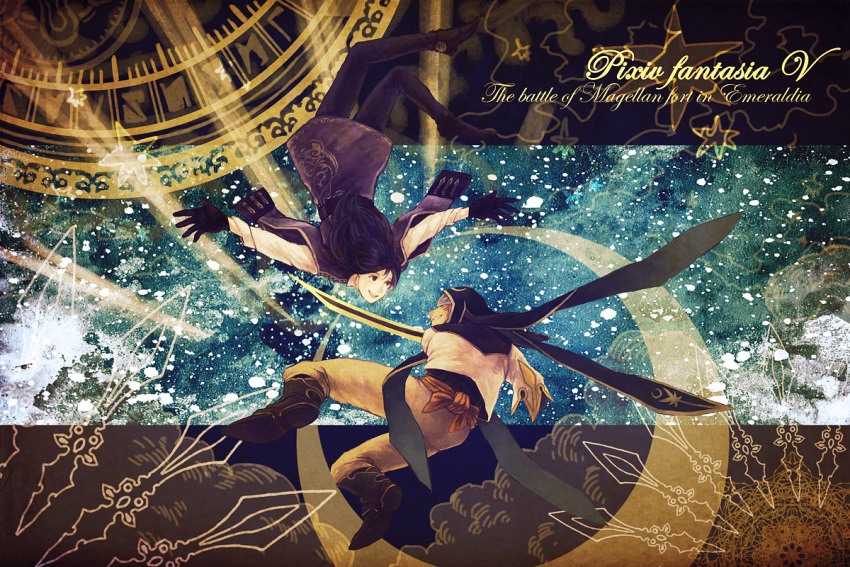 2boys, acrobatics, balth_(pixiv_fantasia), battle, black_gloves, boots, borrowed_character, fantasy, gloves, grin, holding, holding_sword, holding_weapon, long_hair, male_focus, multiple_boys, pixiv_fantasia, pixiv_fantasia_5, purple_hair, red_eyes, smile, sword, tan, thigh_boots, upside-down, weapon, yue_liang_(pixiv_fantasia), zilance_empire, zinnkousai3850