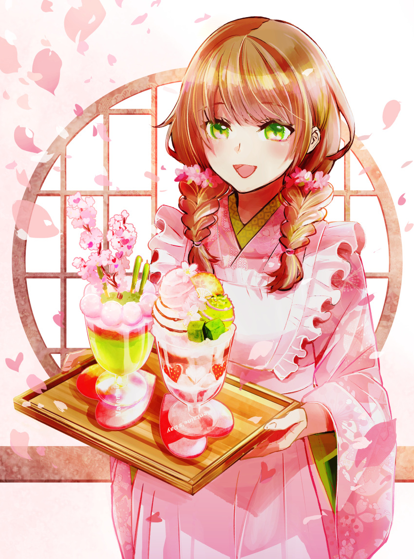 1girl, :d, absurdres, apron, bangs, braid, branch, brown_hair