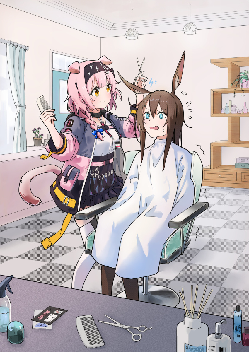 2girls, @_@, absurdres, amiya_(arknights), animal_ear_fluff, animal_ears, arknights, bangs