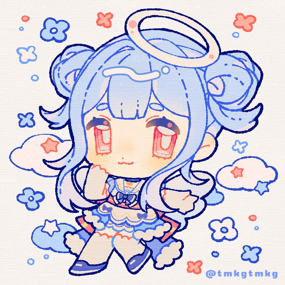 1girl, 3di_project, angel, artist_name, blue_hair, chibi, double_bun, full_body, hair_bun, halo, light_blue_hair, looking_at_viewer, red_eyes, short_eyebrows, sidelocks, solo, thien_(sky)_(3di), tmkgtmkg, twitter_username, virtual_youtuber
