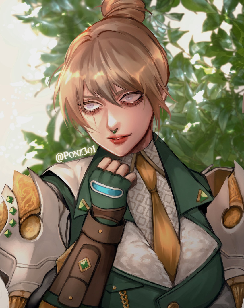 1girl, apex_legends, bangs, brown_hair, brown_necktie, clenched_hand, collared_shirt, fingerless_gloves