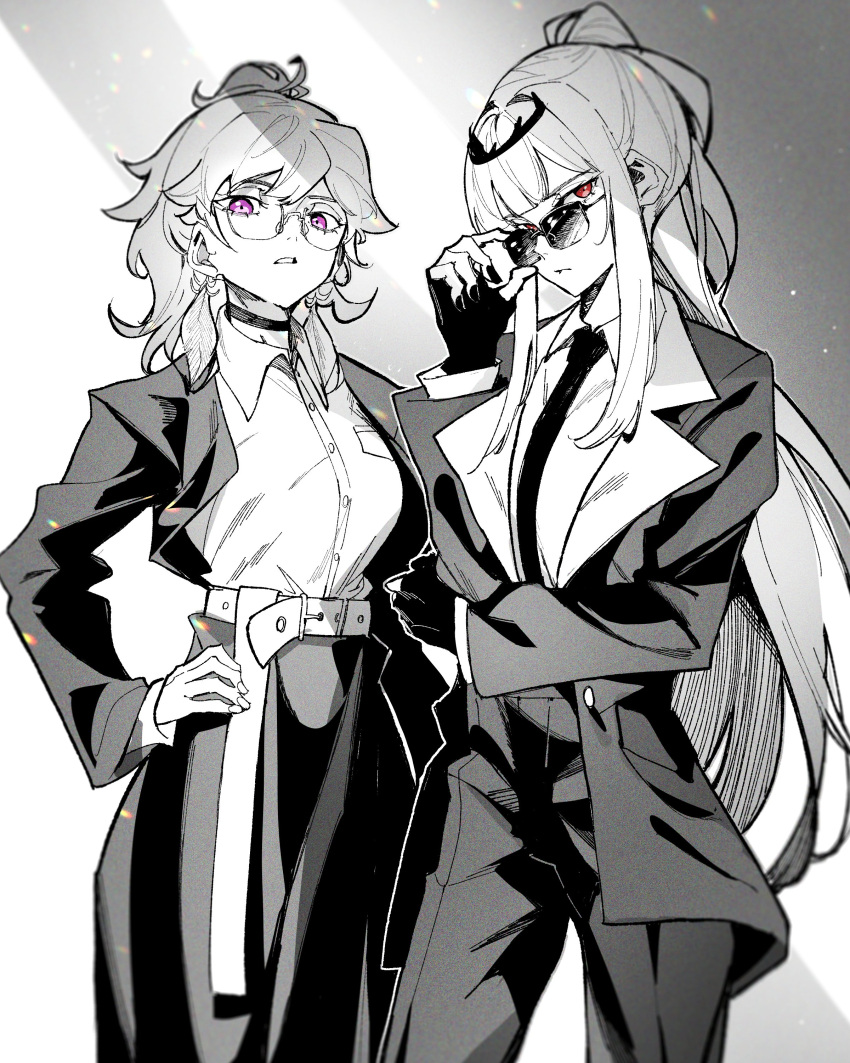 2girls, absurdres, bangs, earrings, feather_earrings, feathers, fingerless_gloves, formal