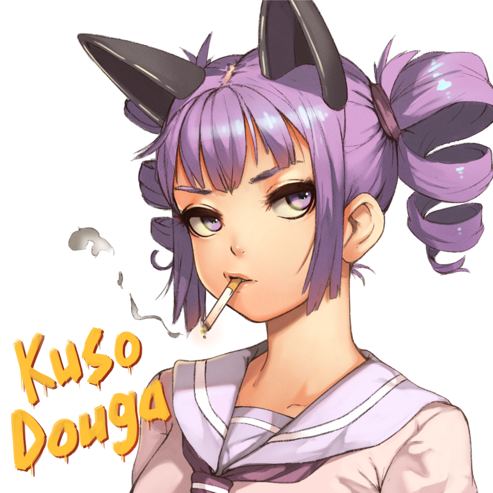 1girl, animal_ears, cat_ears, cigarette, drill_hair, grey_shirt, looking_at_viewer, medium_hair
