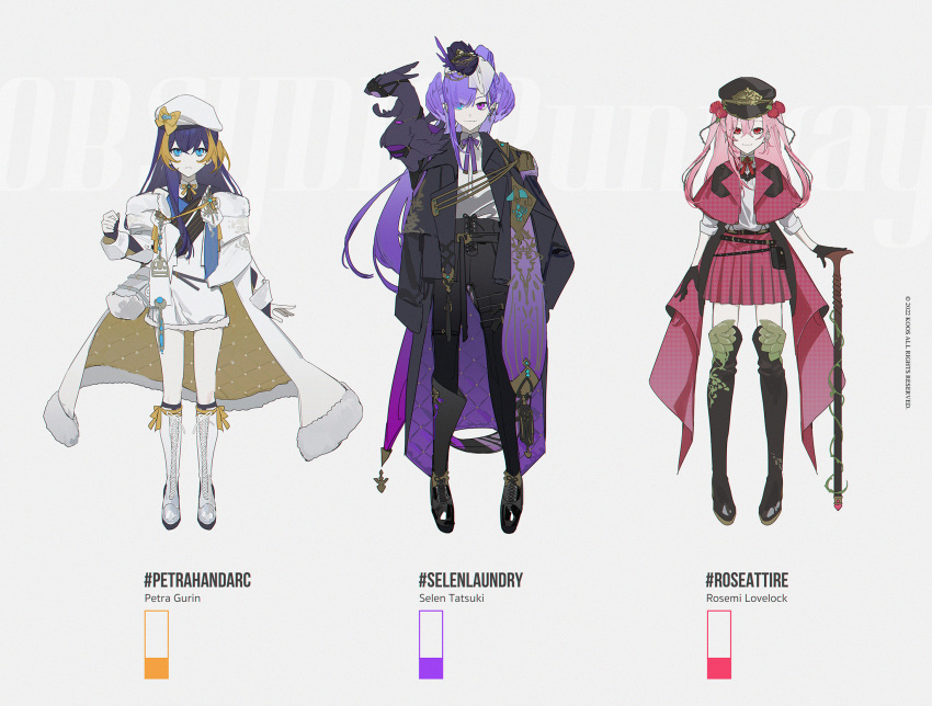 3girls, alternate_costume, beret, black_footwear, black_hair, black_headwear, black_pants, black_shirt
