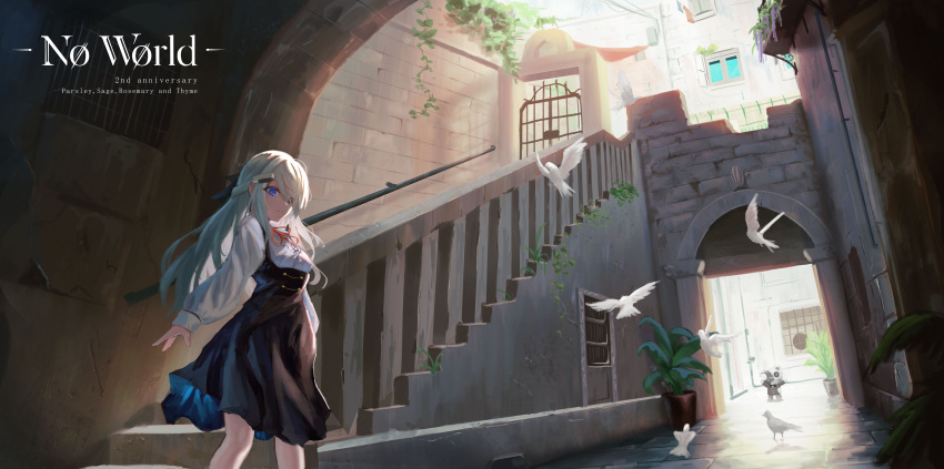 1girl, absurdres, alley, anniversary, arch, bird, black_bow, black_dress, blue_eyes, bow, dove, dress, from_below, hair_bow, hair_ornament, hair_over_one_eye, hairclip, haizumi_(noworld), highres, long_hair, long_sleeves, looking_at_viewer, neck_ribbon, noir_(noworld), noworld, puffy_sleeves, railing, ribbon, scenery, shirt, sleeveless, sleeveless_dress, solo, stairs, stuffed_animal, stuffed_toy, teddy_bear, tkim, town, vanishing_point, virtual_youtuber, white_hair, white_shirt