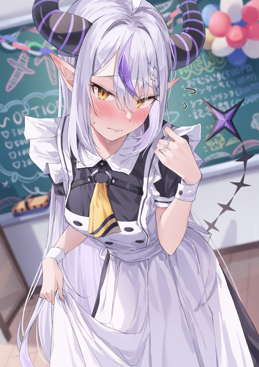 1girl, absurdres, apron, blush, braid, breasts, chalkboard, flying_sweatdrops