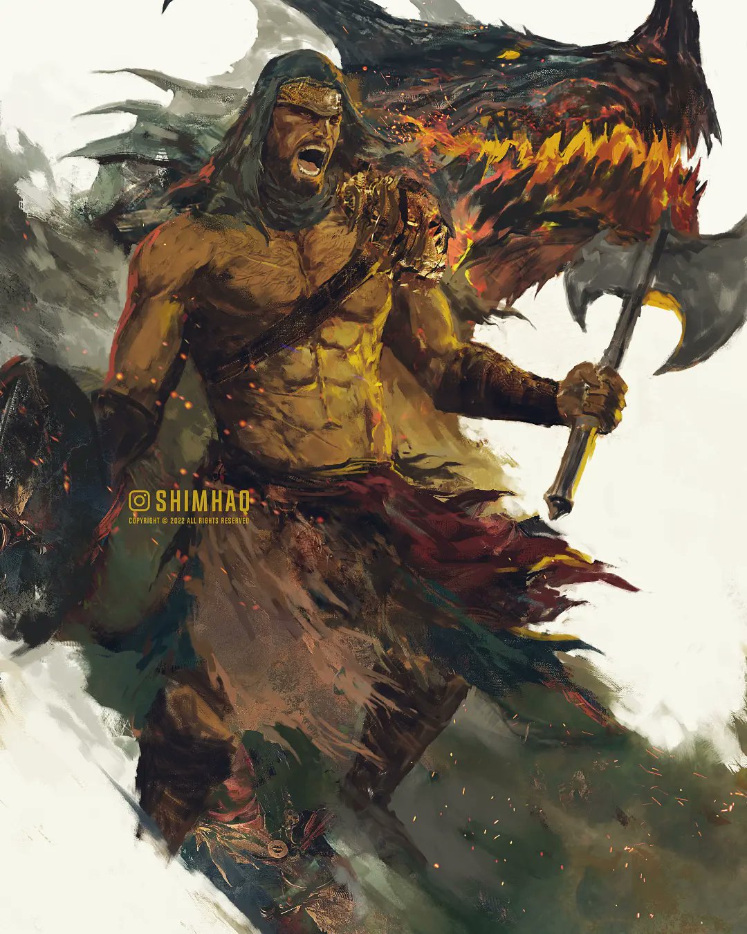 1boy, abs, armor, axe, dragon, elden_ring, hero_(elden_ring), highres, holding, holding_axe, holding_shield, male_focus, navel, open_mouth, pauldrons, shield, shimhaq, shoulder_armor, single_pauldron, solo, standing, tarnished_(elden_ring), veil, waist_cape
