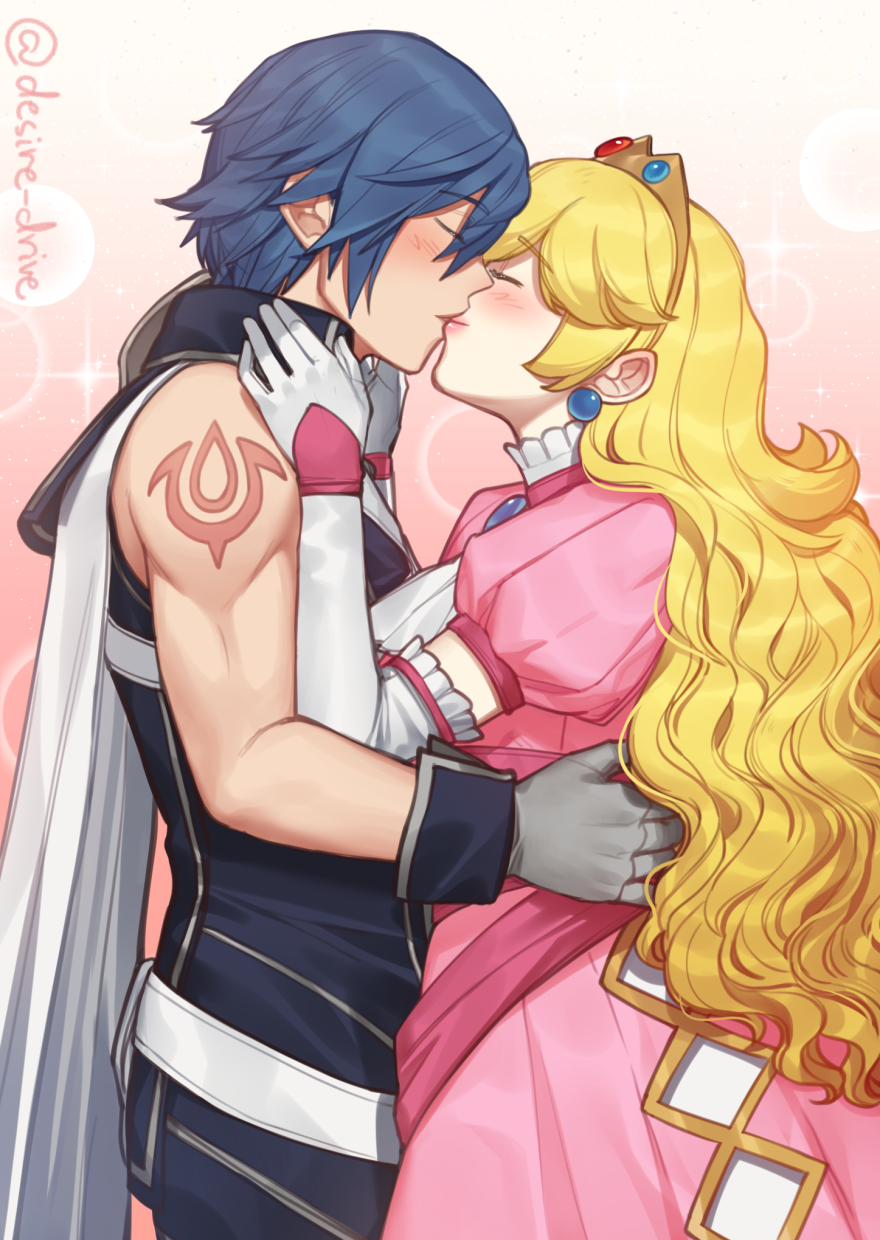1boy, 1girl, blonde_hair, closed_eyes, dress, earrings, gloves, hetero
