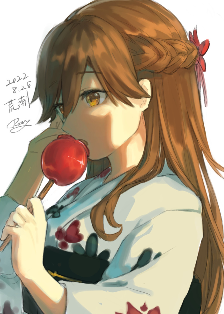 1girl, absurdres, arashio_(kancolle), braid, brown_eyes, brown_hair, candy_apple, character_name
