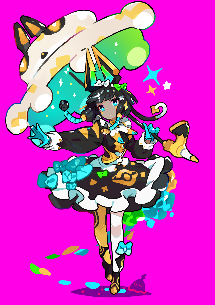 1girl, absurdres, animal-themed_umbrella, anubis_(mythology), bangs, black_dress, black_hair, blue_bow