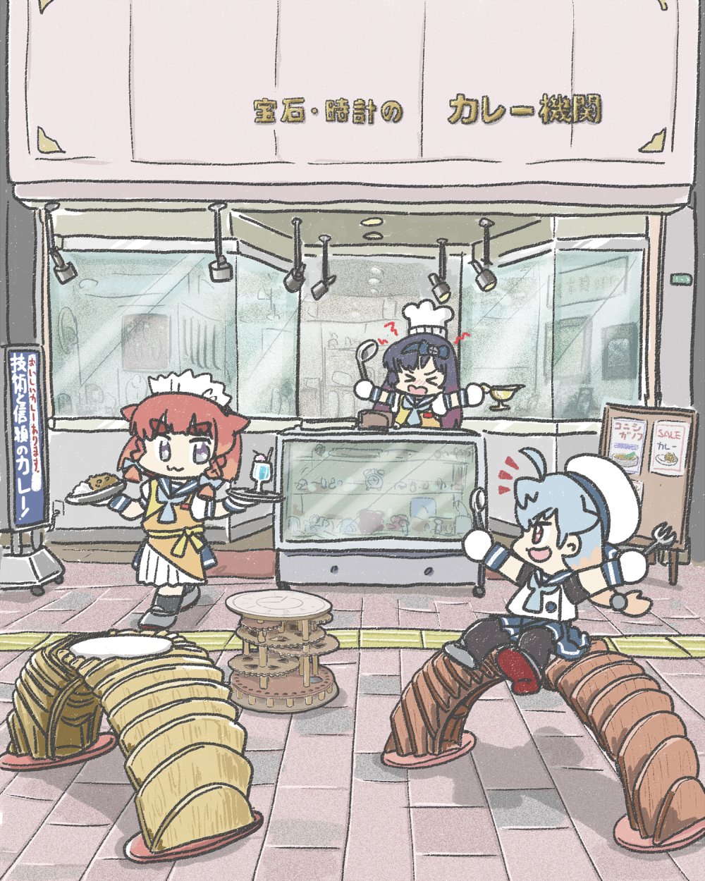 3girls, :3, apron, black_hair, black_pantyhose, blue_hair, blue_neckerchief, blue_sailor_collar, blue_skirt, bob_cut, bon_curry, braid, chef_hat, chibi, commentary_request, etorofu_(kancolle), ferretsan7, gloves, gradient_hair, hat, highres, kantai_collection, long_hair, maid_headdress, matsuwa_(kancolle), multicolored_hair, multiple_girls, neckerchief, pantyhose, pleated_skirt, red_eyes, redhead, sado_(kancolle), sailor_collar, school_uniform, serafuku, shirt, side_braid, sitting, skirt, sleeveless, sleeveless_shirt, table, thick_eyebrows, twin_braids, undershirt, violet_eyes, waitress, white_gloves, white_headwear