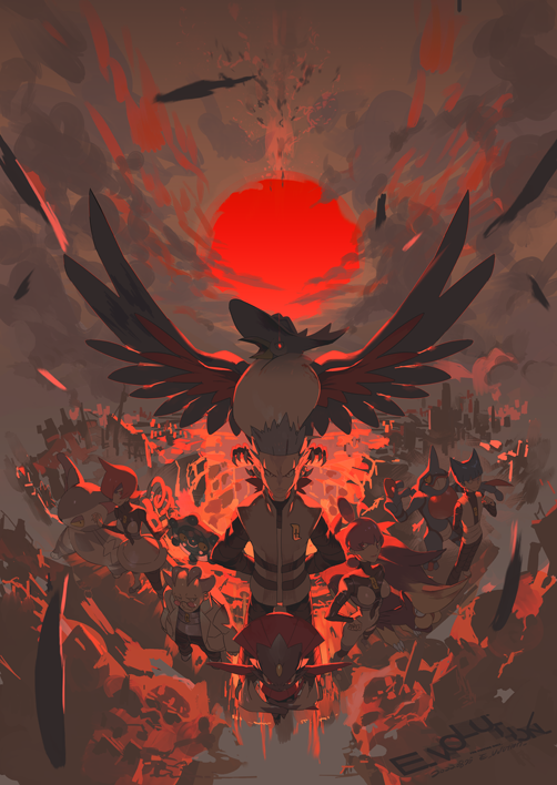 2girls, 3boys, arms_behind_back, artist_name, black_shirt, blue_hair, bronzor, charon_(pokemon)