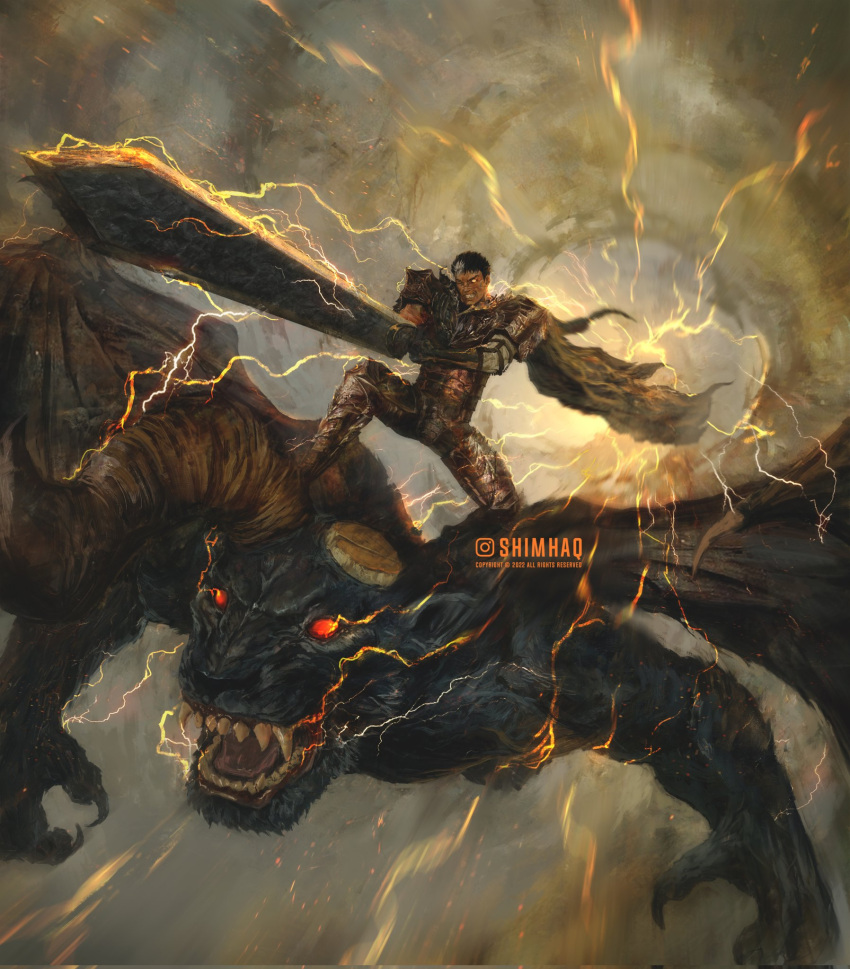 1boy, armor, berserk, cape, clenched_teeth, dragonslayer_(sword), flying, guts_(berserk)