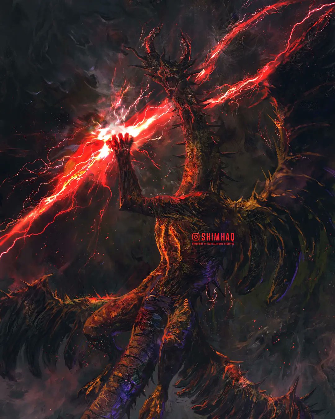 artist_name, clouds, cloudy_sky, dragon, elden_ring, flying, highres, holding_lightning_bolt