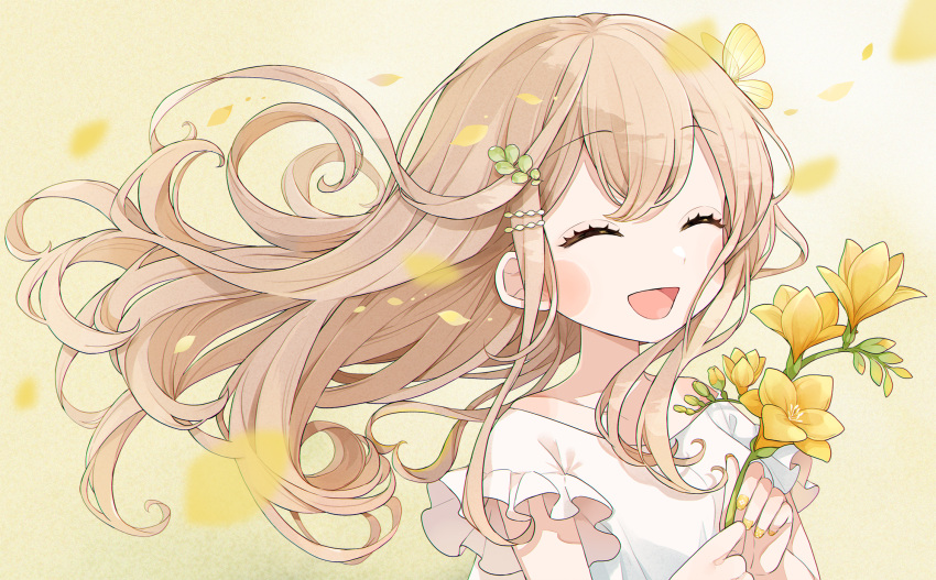 1girl, :d, ^_^, bangs, blush_stickers, brown_background, brown_hair, chon_(chon33v)