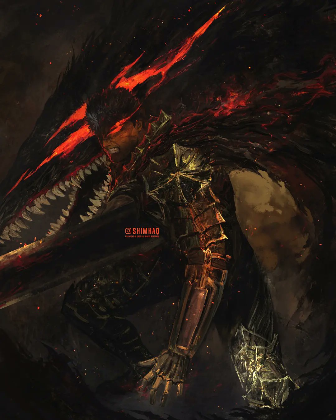 1boy, beast_of_darkness_(berserk), berserk, berserker_armor, clenched_teeth, dragonslayer_(sword), guts_(berserk), highres