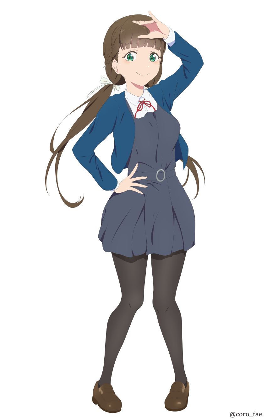 1girl, absurdres, bangs, belt, black_pantyhose, blue_jacket, blunt_bangs, breasts