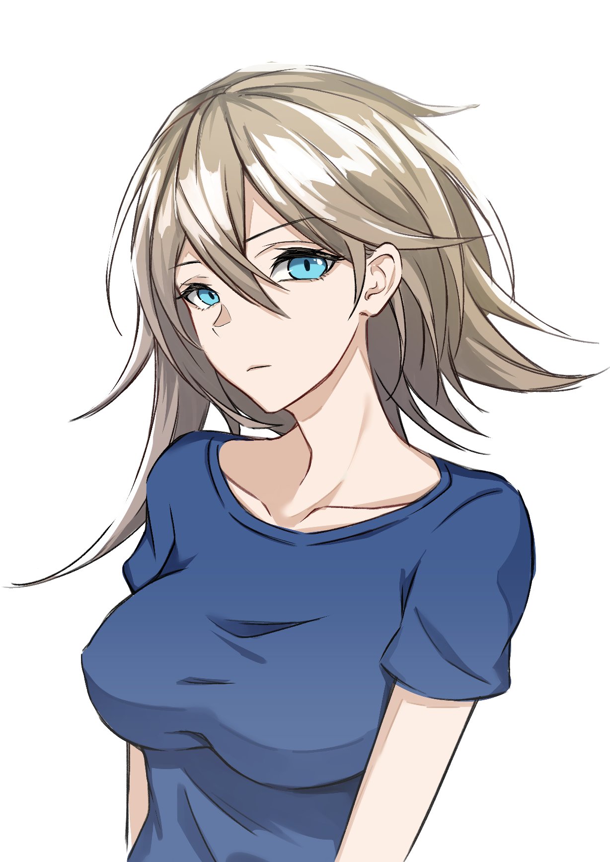1girl, ak-74u_(girls'_frontline), alternate_costume, bangs, blonde_hair, blue_eyes, blue_shirt, breasts