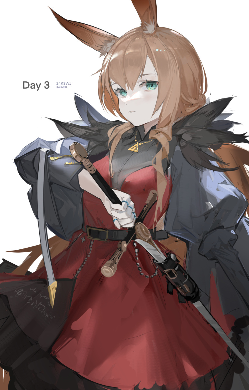 1girl, 24kswj-shouwangjun, absurdres, alternate_costume, amiya_(arknights), animal_ear_fluff, animal_ears, arknights, artist_name, belt, belt_buckle, black_coat, brown_hair, buckle, closed_mouth, coat, coat_on_shoulders, cowboy_shot, dress, green_eyes, highres, holding, holding_sword, holding_weapon, jewelry, long_hair, long_sleeves, looking_at_viewer, necklace, open_clothes, open_coat, rabbit_ears, red_dress, sheath, sheathed, sidelocks, simple_background, solo, sword, weapon, white_background