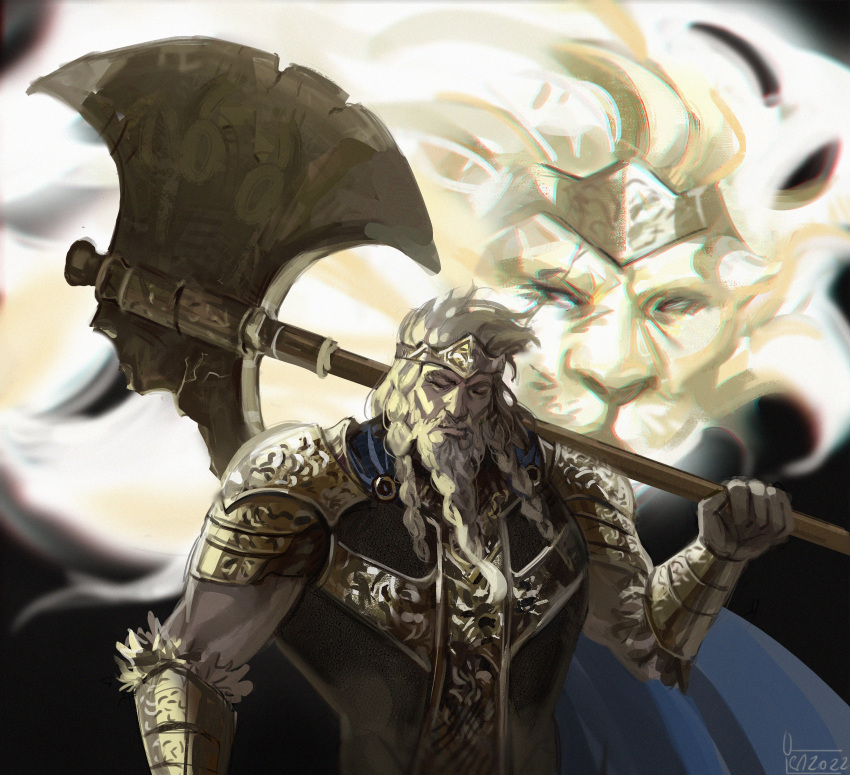 1boy, absurdres, armor, axe, battle_axe, beard, braid, braided_beard