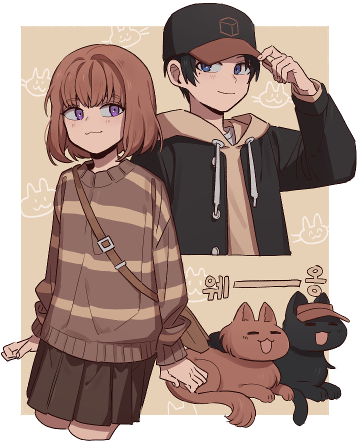 1boy, 1girl, :3, :d, =_=, adjusting_clothes, adjusting_headwear, animal