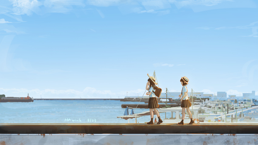 2girls, black_skirt, black_socks, blue_sky, boat, brown_footwear, clouds, day, hat, highres, hua_ming_wink, loafers, multiple_girls, ocean, original, scenery, school_uniform, shirt, shoes, shore, skirt, sky, socks, sun_hat, walking, water, watercraft, white_shirt
