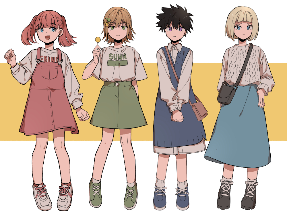 4girls, :d, bag, bangs, black_footwear, blonde_hair, blue_dress, blue_eyes