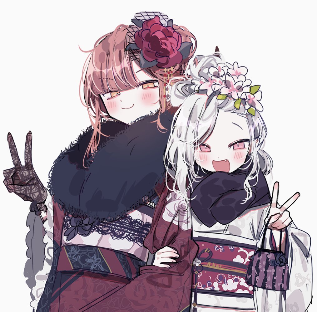 2girls, aru_(blue_archive), aru_(new_year)_(blue_archive), bag, bangs, black_gloves, blue_archive, blush