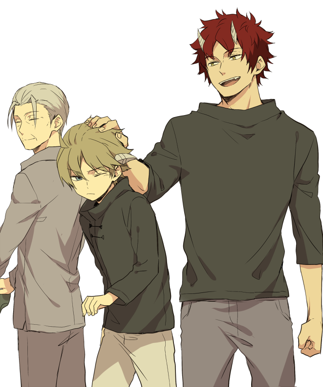 3boys, 7100potechi, bangs, black_shirt, brown_hair, clenched_hand, frown, grey_hair