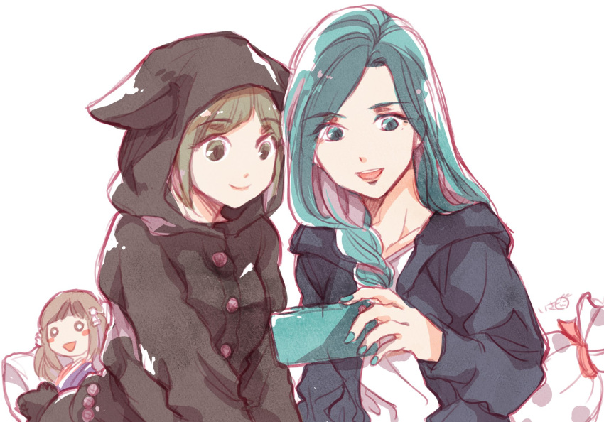 2girls, :d, animal_hood, aqua_eyes, aqua_hair, bangs, black_hoodie, braid